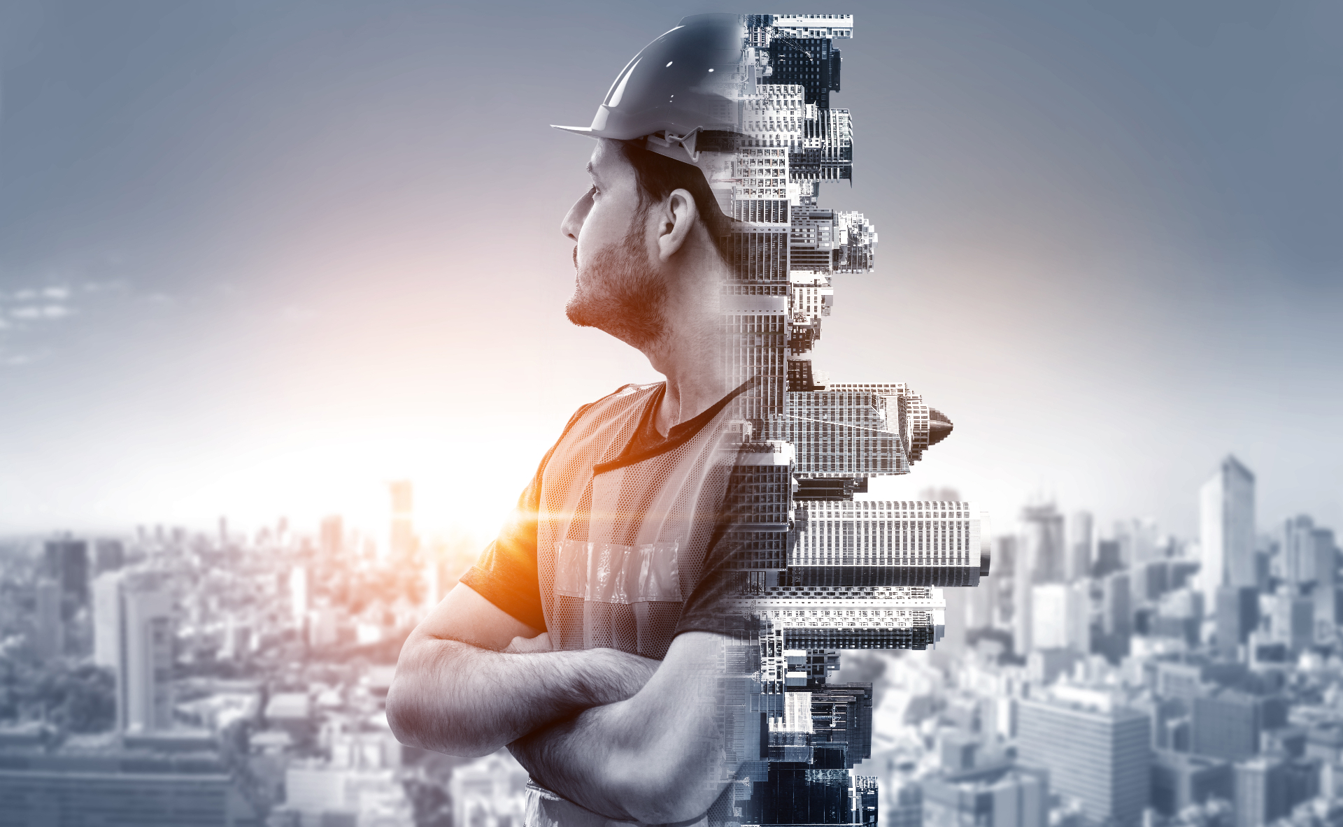 Construction professional overlaid with city skyline